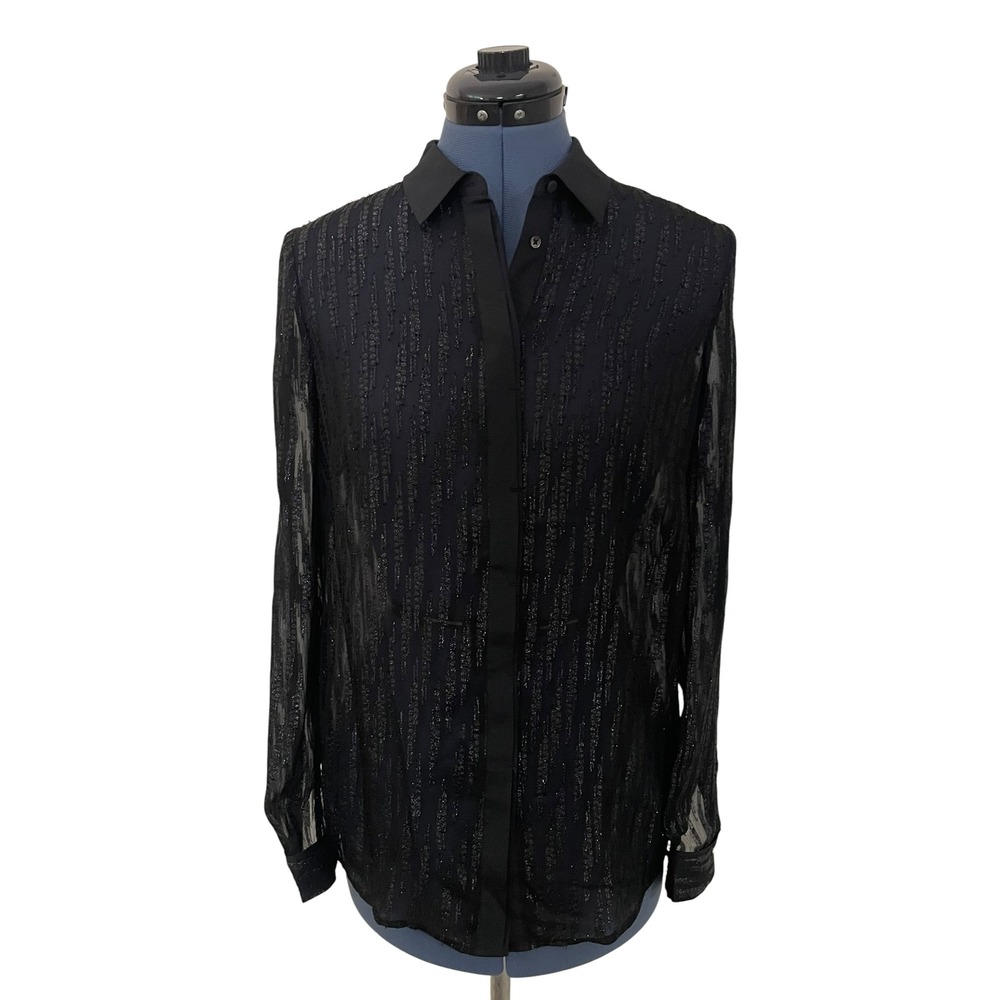 Reiss Black Sheer Metallic Pinstripe Button Up Blouse Goth Romantic Night Out 4 - Picture 2 of 11